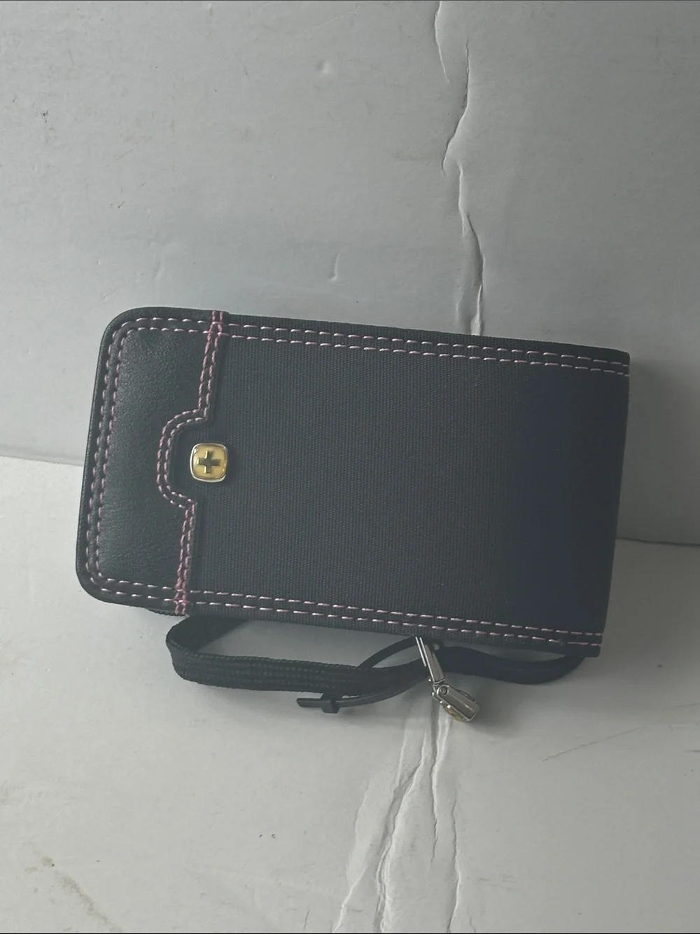 Wenger Black Phone Wallet Case with Pink Stitching and Gold Accent